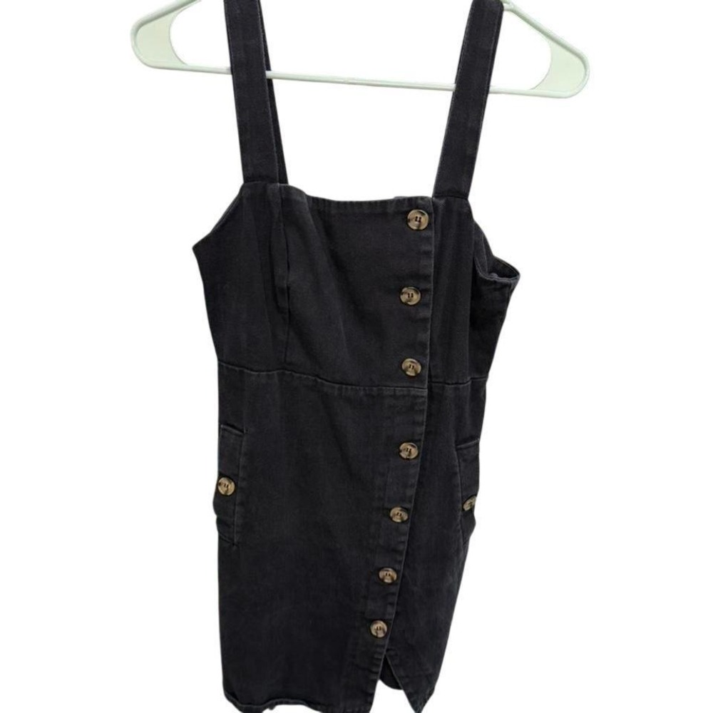 Forever 21 Black Denim Pinafore Dress Button Front Mini Small
